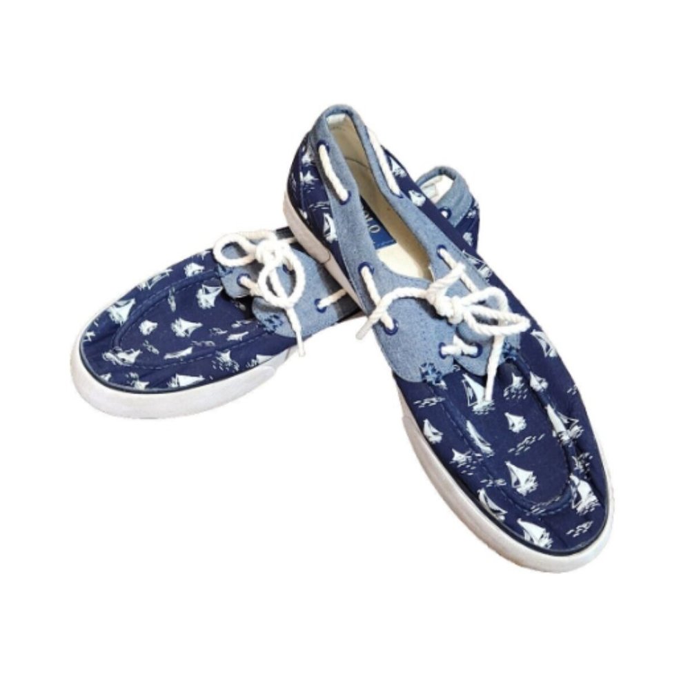 Polo Ralph Lauren Lander Navy Sailboat Print Canvas Boat Shoes